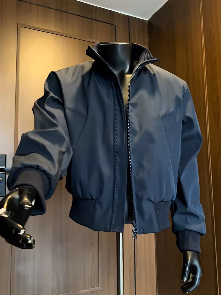 

Thiened Cotton Flight Jaet Qing Blue Winter ort Sle Baseball Collar Men's Casual Faion Polyester Fiber Zipper Closure