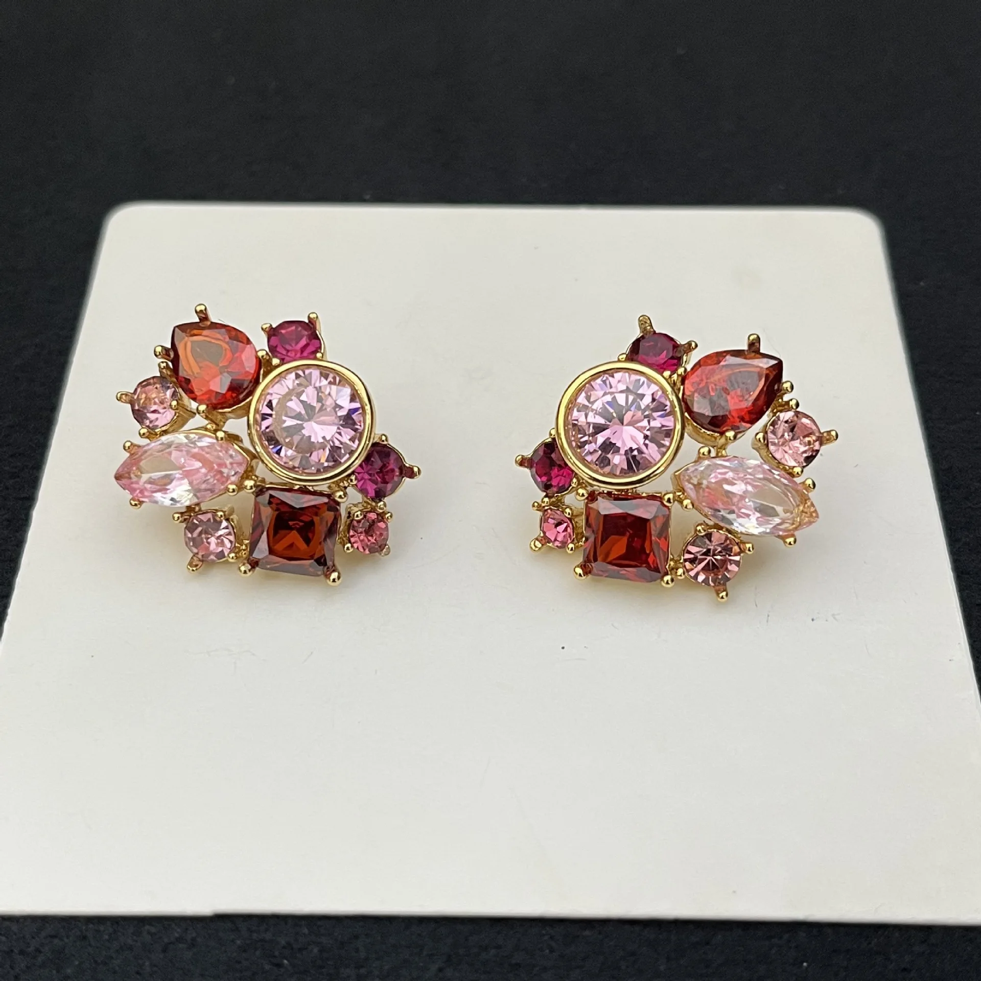 

2025 Ins Fashion Sweet Pink Tourmaline Garnet Geometric Ear Stud Anti-rust Trendy Multi Crystal Teardrop Earring Luxury Jewelry