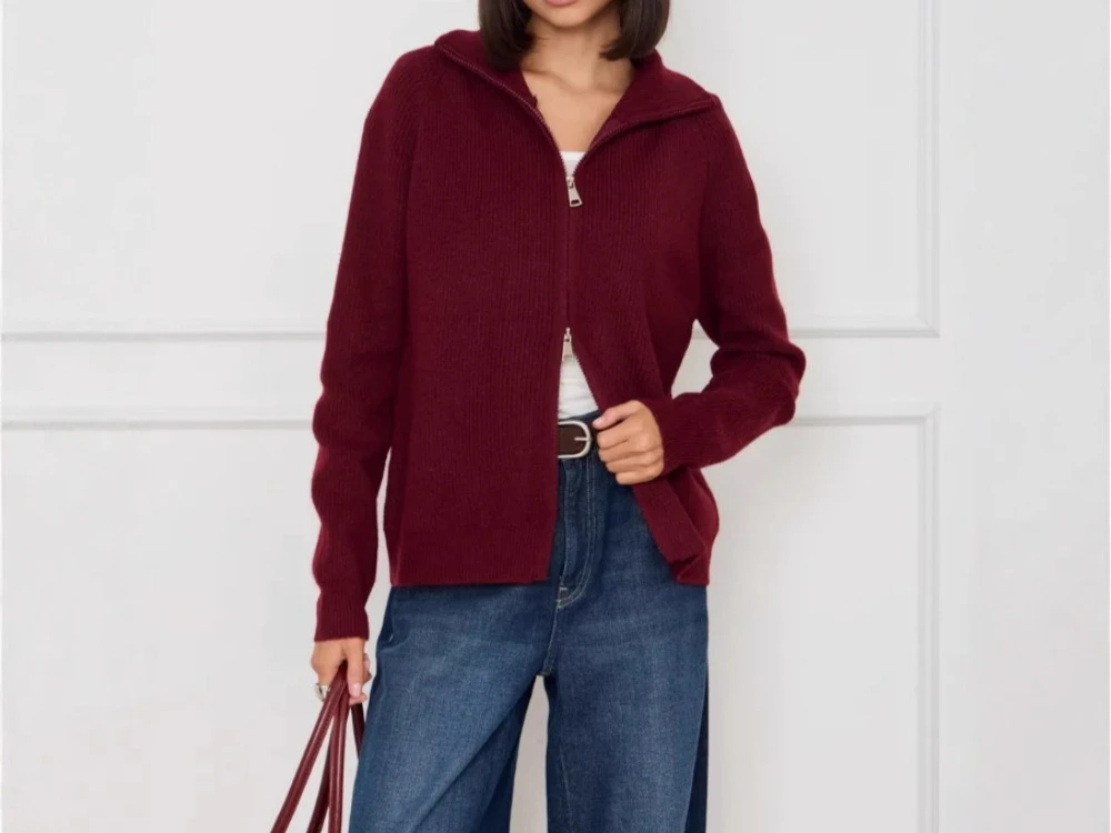 

Lazy High-end Zipper Sweater Cardigan Jacket for Women's Autumn and Winter New Loose Soft and Sticky Knitted Top