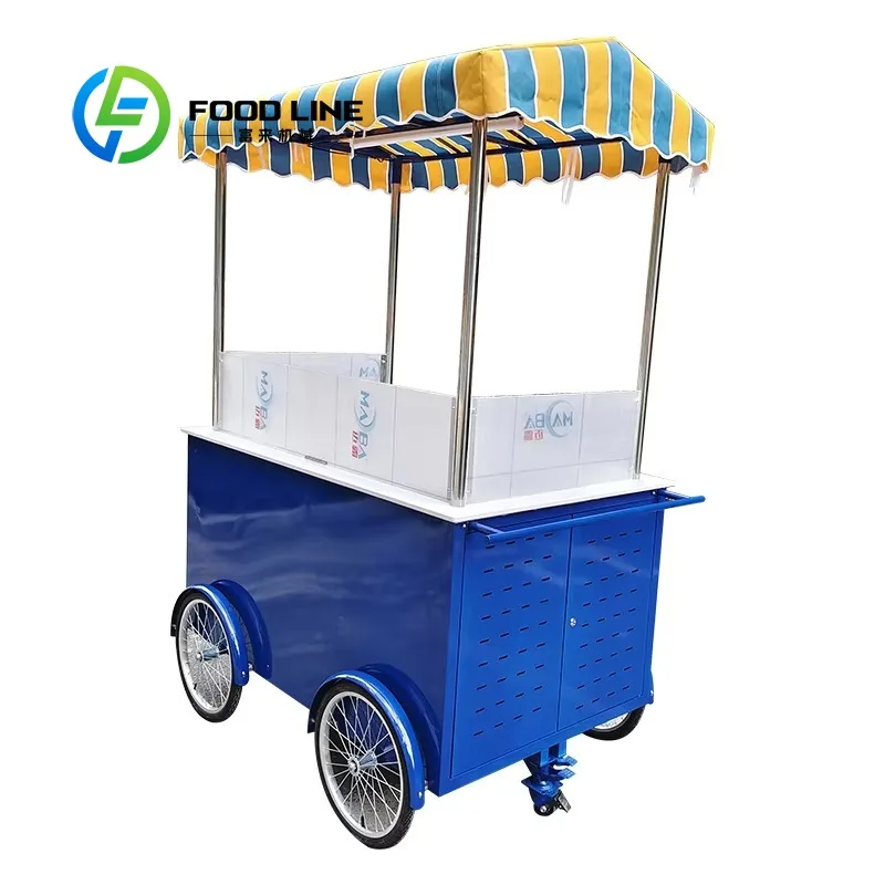 

Customized Blue Hand Push Cart with Awning Outdoor Food Bike for Ice Cream Fast Food Commercial Street Vending