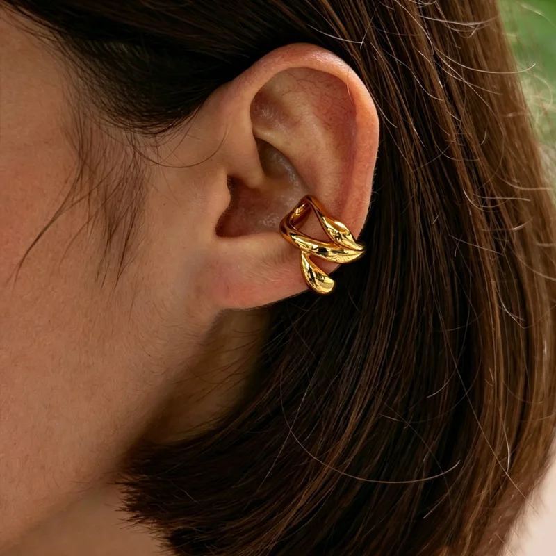 Neova Abstract Twist Gold Ear Cuff Sculptural Knot Clip On Cartilage Earring Modern Statement Jewelry for Women