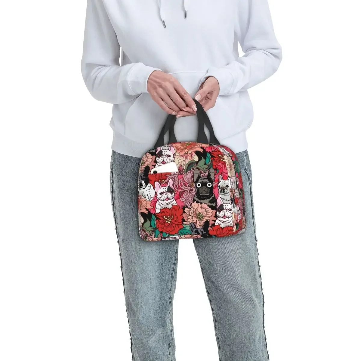 Custom French Bulldog Flowers Insulated Lunch Bags for Outdoor Picnic Frenchie Dog Lover Cooler Thermal Lunch Box Women Children