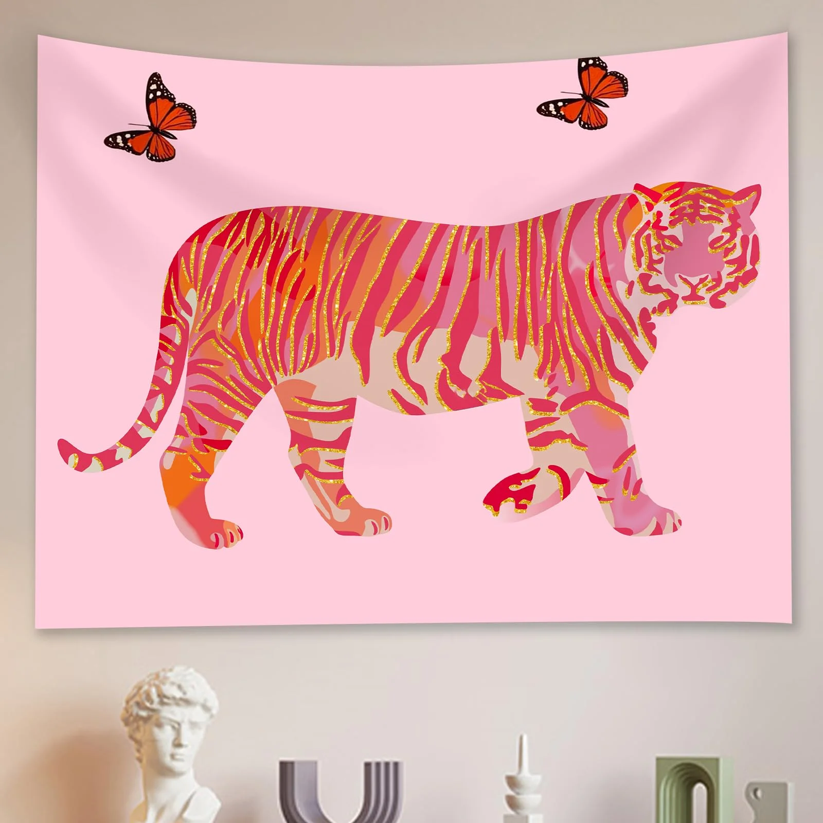 

Художественный гобелен VIKAMA с изображением тигра - настенное украшение с розовыми бабочками для спальни девочек, гостиной, декора общежития