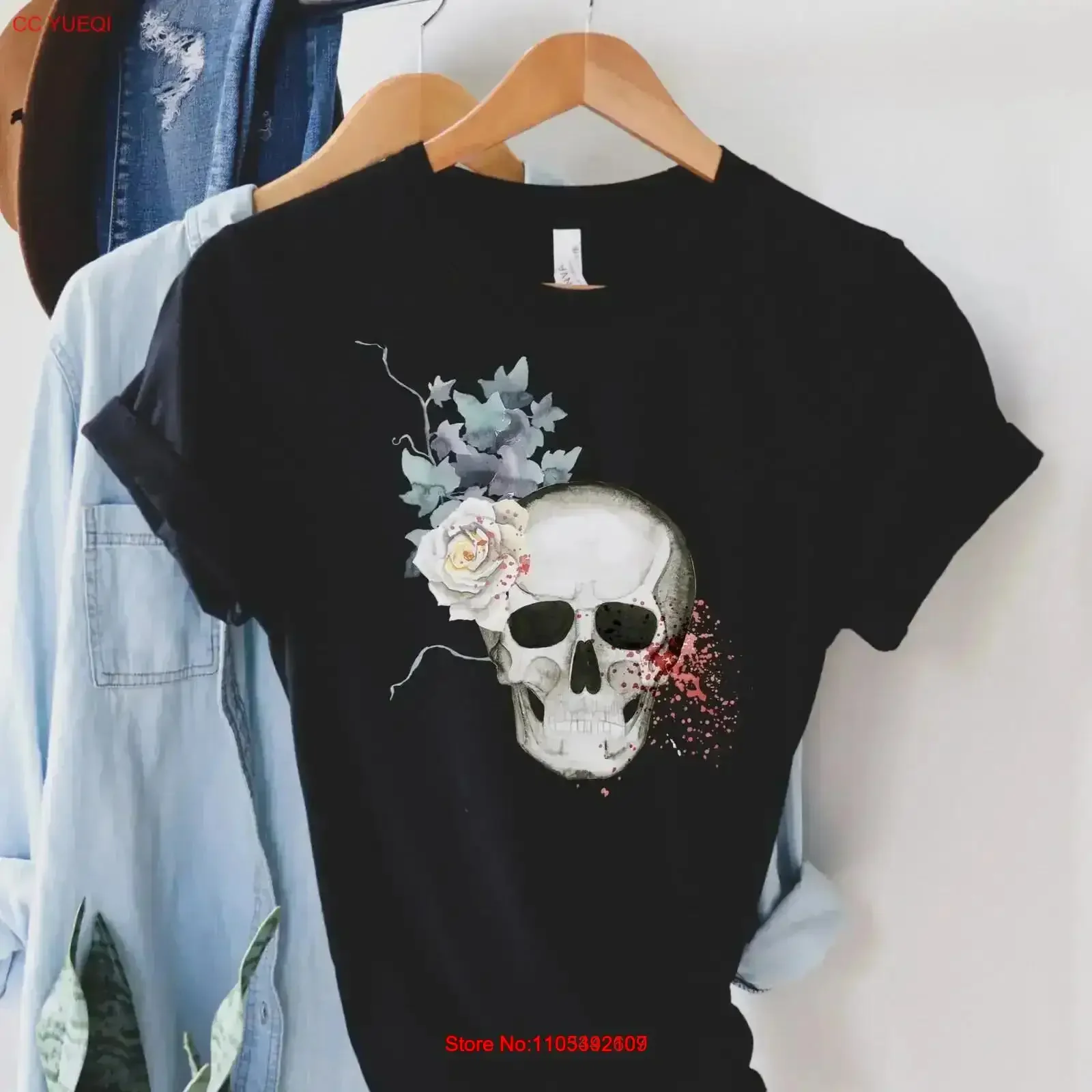 Totenkopf-T-Shirt, Halloween-Party-Oberteil, süß für den Herbst, gruselig, lustig, Vintage, gewaschen, für den Alltag, dehnbar, bequem, weich, Vintage