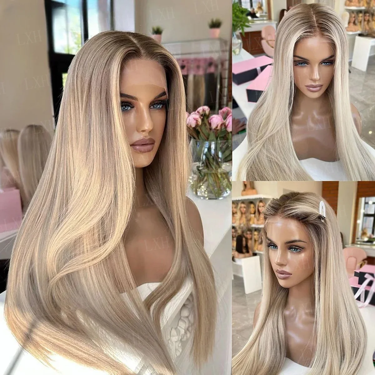 Soft 24inch Highlight Blond Long Straight hair HD lace front wig, suitable for women's wig With Baby Hair Heat Resistant wig