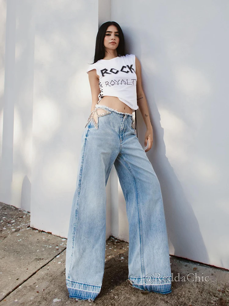 REDDACHiC Sparkly Star Baggy Jeans Trendy Low Waist Hollow Crystal Embellished Frayed Wide Leg Casual Pants Sexy Women Clothes