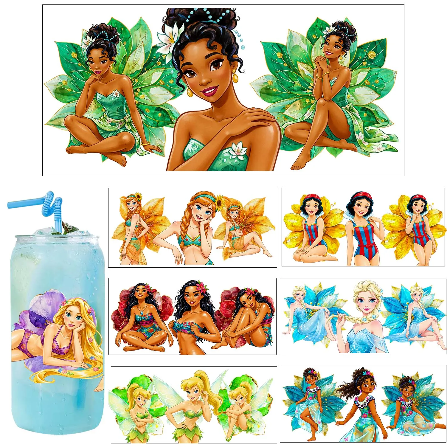 5pcs Sheet Bundle Summer vibe Princess Cartoon UV DTF Sticker DIY Decals 3D transfers uvdtf stickers