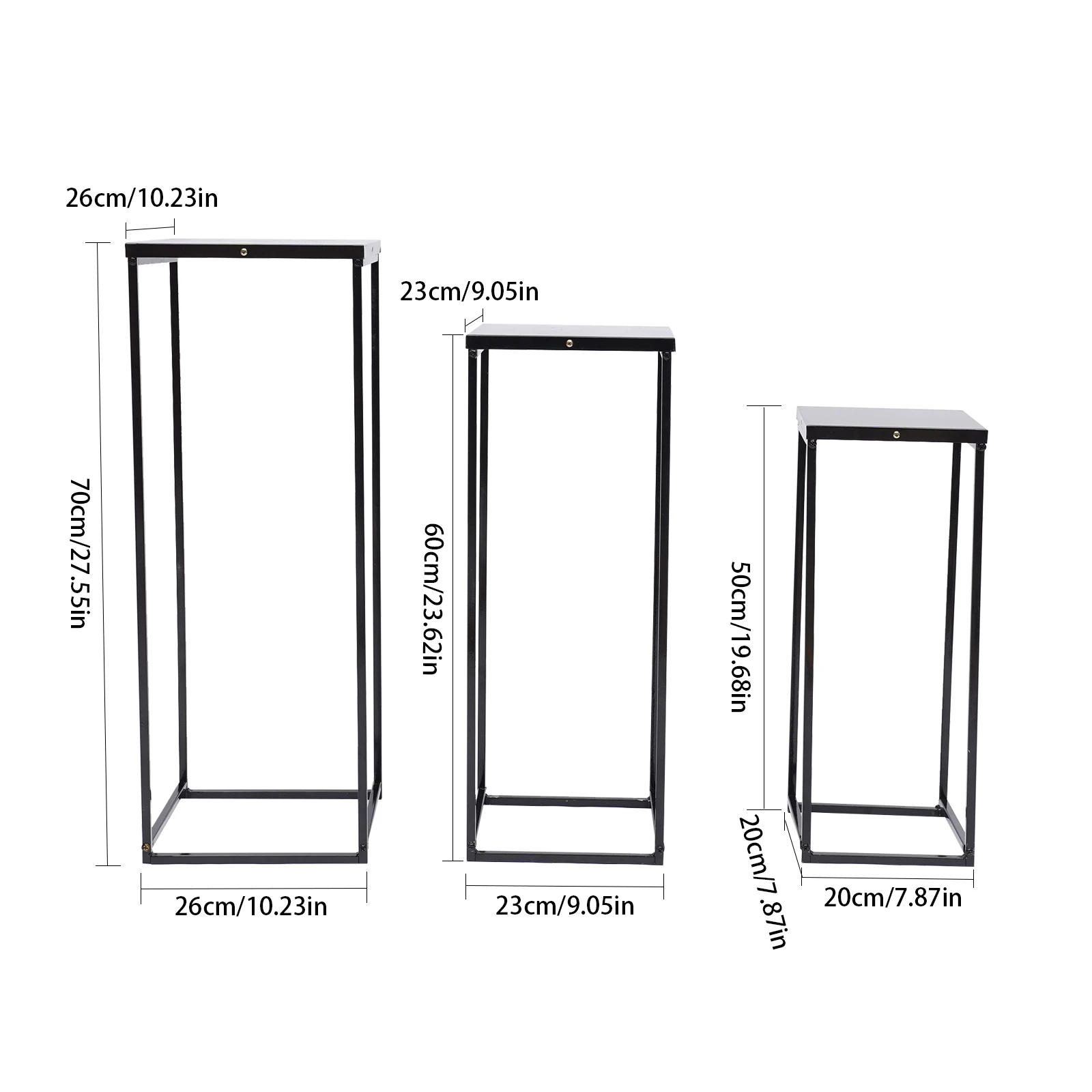 Set nero di 3 supporti in metallo supporto per piante supporto per fiori quadrato alto