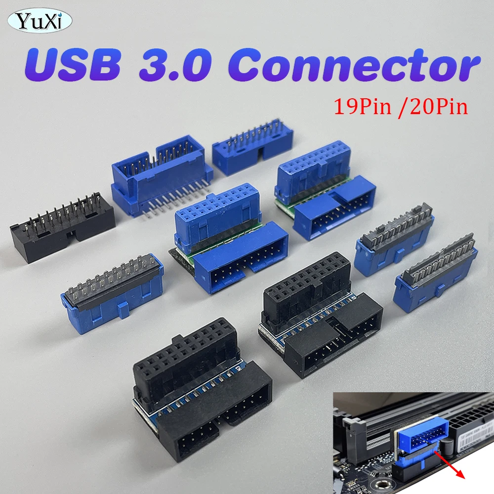 1Pcs USB 3.0 Motherboard 20Pin 19Pin Elbow Adapter 90/180 Degree Type-C Front Chassis Plug-in Port Socket Desktop Computer Part