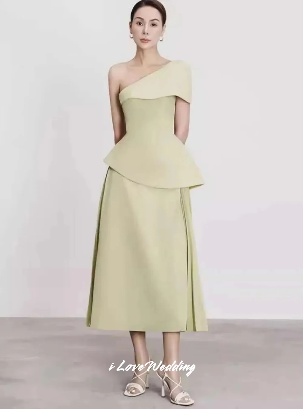 

Green One Shoulder Evening Dresses 2025 Satin A-Line Prom Dresses Pleated Tea-Length Elegant Wedding Party Dresses Customized