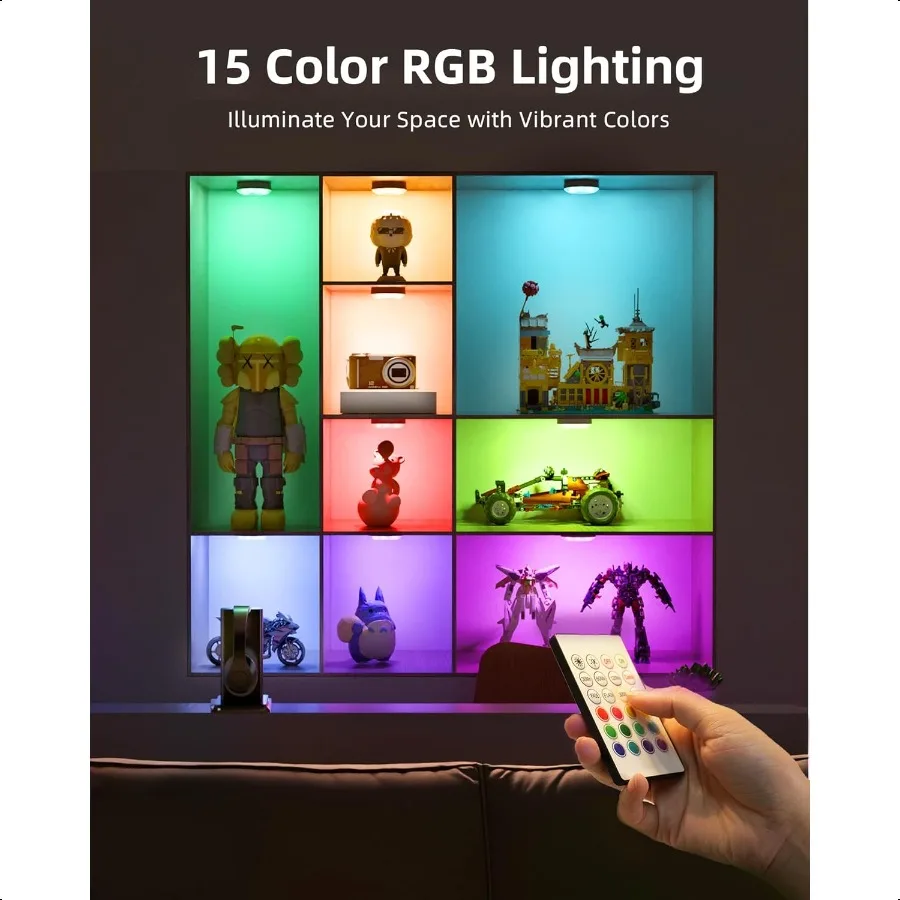Illuminazione sotto l'armadio Luci a disco ricaricabili da 1000 mAh con telecomando 3 temperature di colore 12 Luci per armadio con sensore di movimento RGB Dimmer per interni
