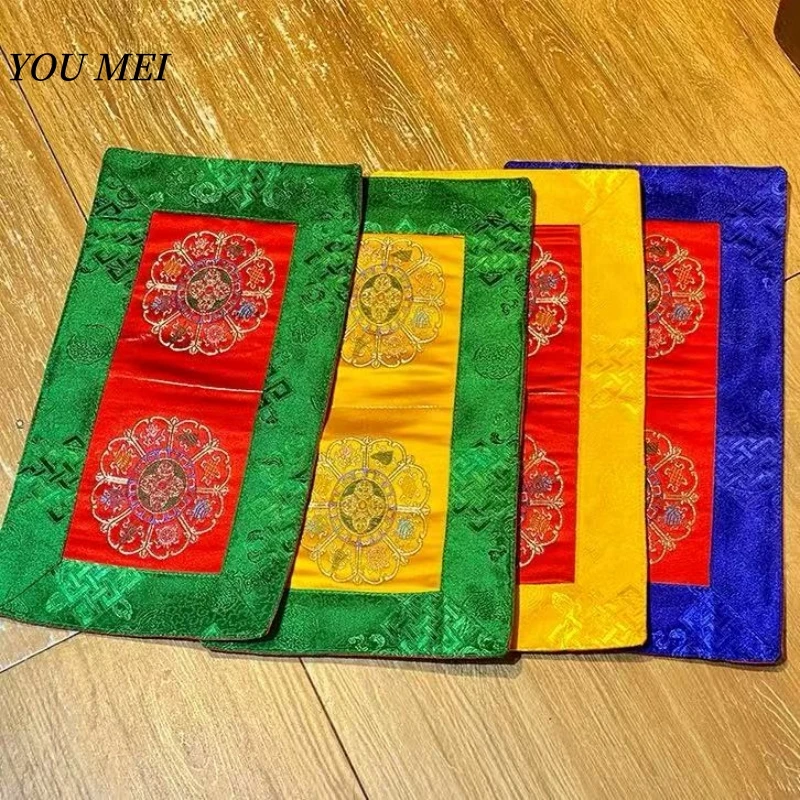Handcrafted Nepalese Home Ritual Mat Slip Vajra and Hand Drum Pad Tibetan Embroidered Eight Auspicious Symbols Decorative Piece