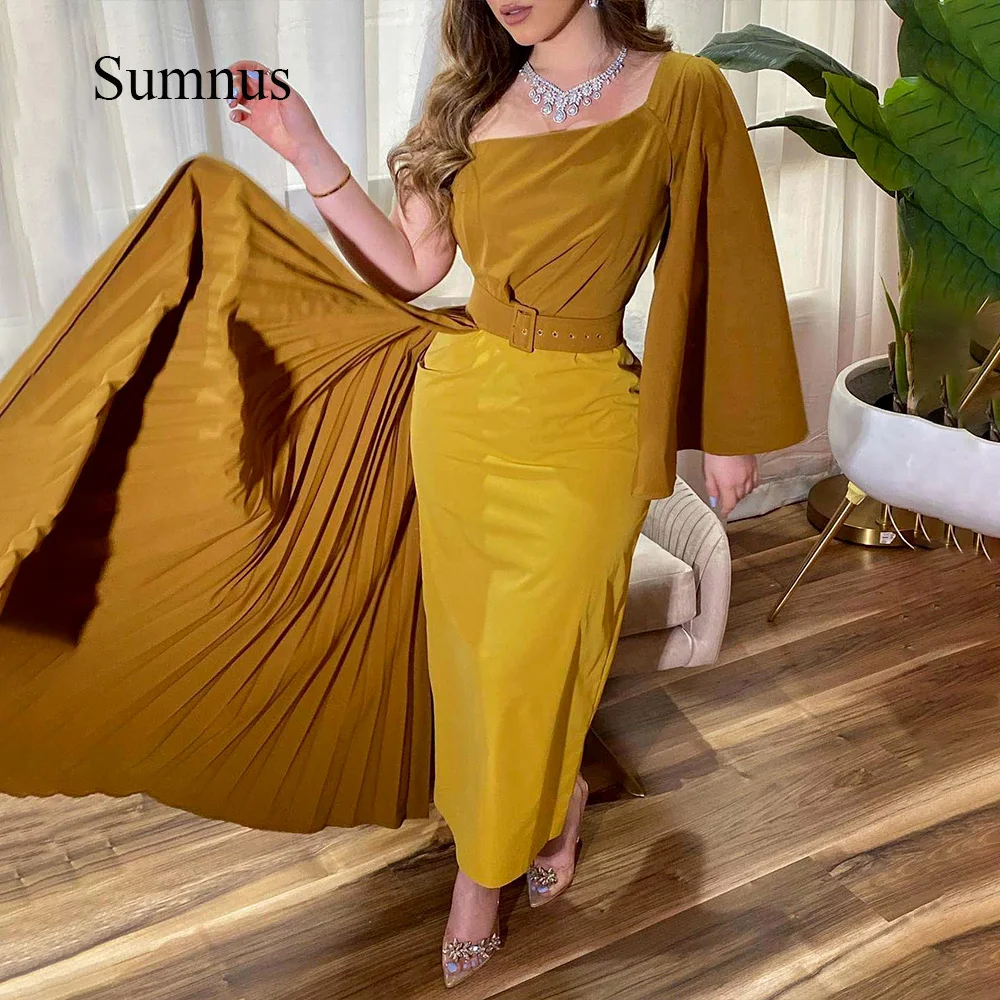 

Sumnus Saudi Arabic Mermaid Evening Gowns Cape One Sleeve with Belt Dubai Evening Party Dress Ankle Length Event Formal Gowns