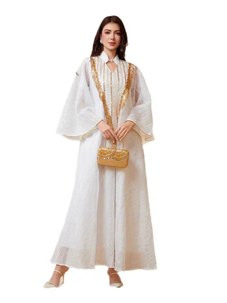 Middle Eastern Muslim Luxury Fashion Evening Dress Saudi Arabia Dubai Ramadan Dress Robe Mesh Embroidered Glitter Elegant