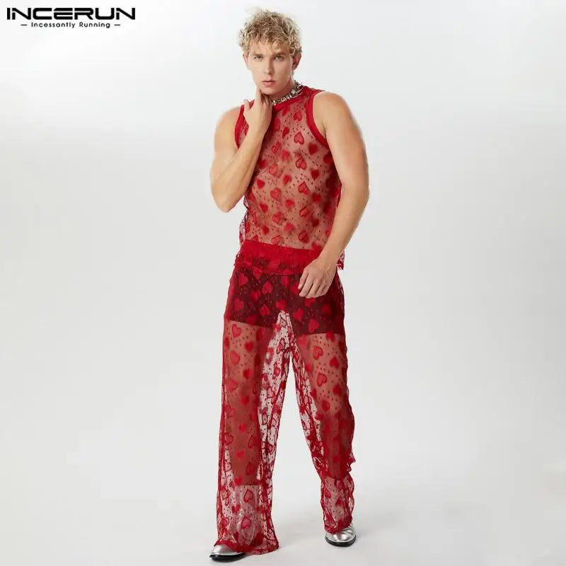 Incerun 2024 American Style stilvolle Sets neue Männer lieben Spitze ausgehöhlte Westen lange Hosen sexy lässig männlich zweiteilige Sets S-5XL