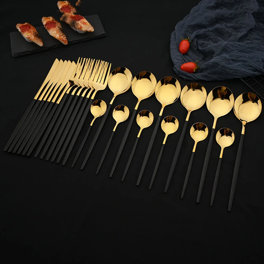 

24Pcs Mirror Stainless Steel Dinnerware Set Black Gold Cutlery Knife Dinner Fork Tea Spoon Luxury Flatware Wedding Tableware Set