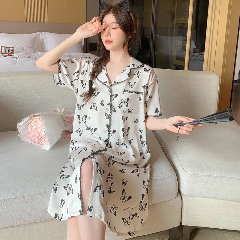 Korean Pajamas Dress Loungewear Sleepwear Silk Nightgown For Women Lapel Short Sleeve Sleepshirt Ladies Home Wear Nightie