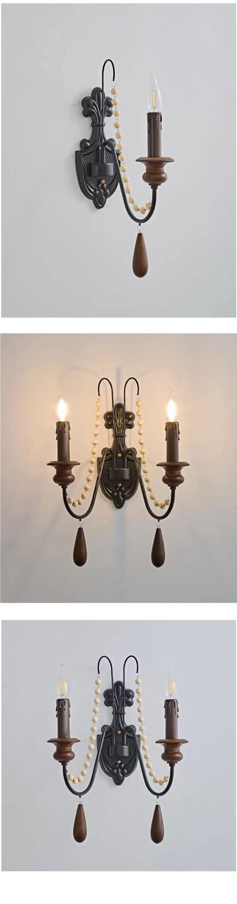 American Retro Wood Candle E27 Chandelier French