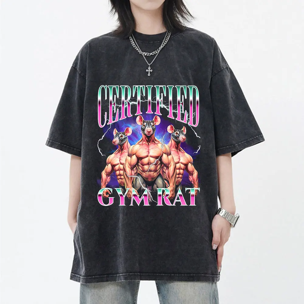 

Забавные сертифицированные винтажные потертые футболки Gym Rat для мужчин и женщин, модная футболка большого размера, футболки с короткими рукавами для фитнеса, бодибилдинга
