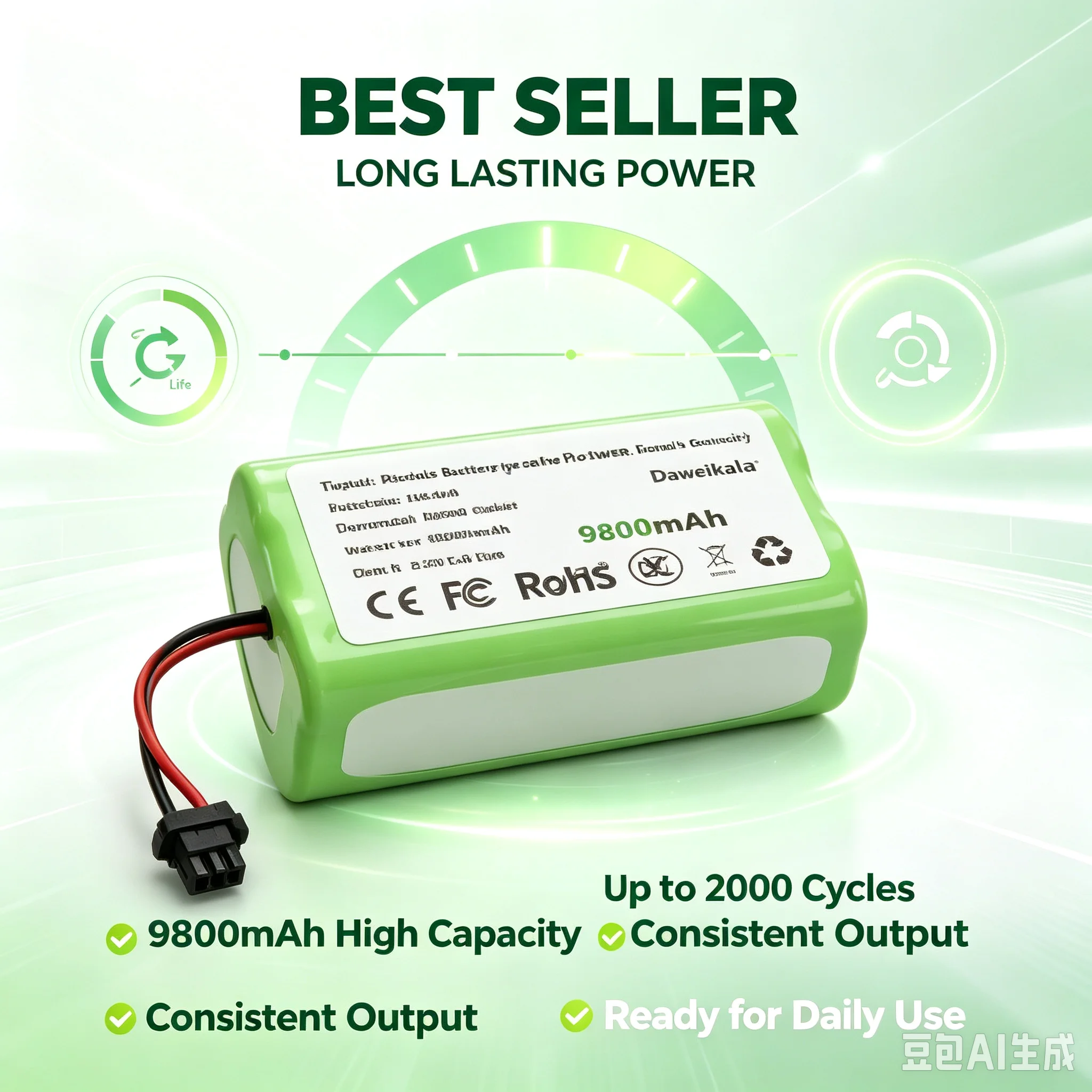 Batteria ricaricabile agli ioni di litio Daweikala 14,4 V, 9800 mAh, 40 Wh, batteria di ricambio per aspirapolvere robot compatibili. Certificato CE FC RoHS, lunga durata, installazione semplice