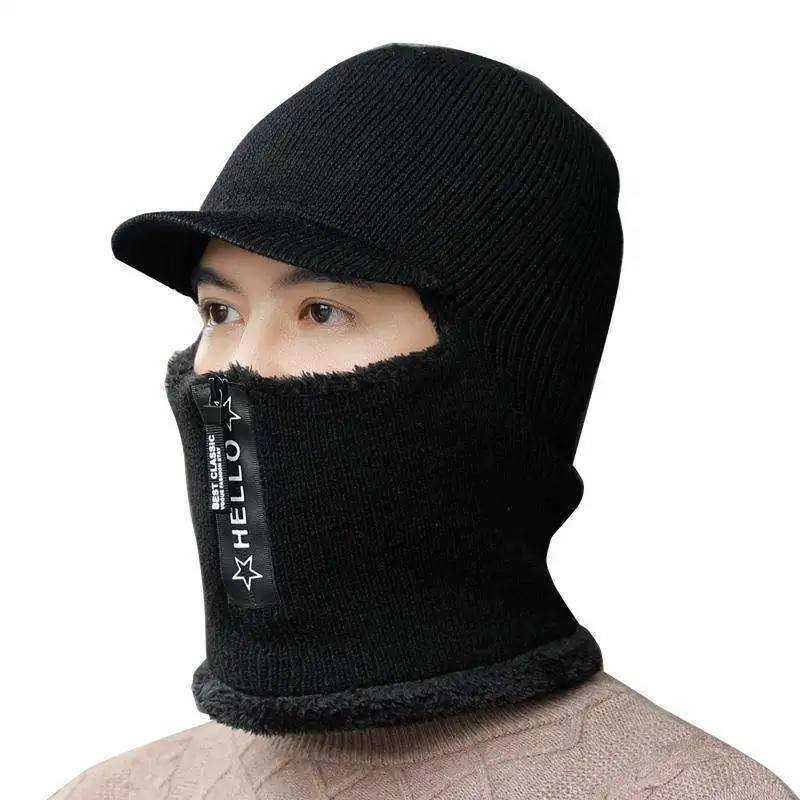 Man Outdoor Windproof Balaclava Hood Neck Gaiter Knitted Warm Zipper Ski Mask Knit Wool Brim Cycling Velvet Winter Hats