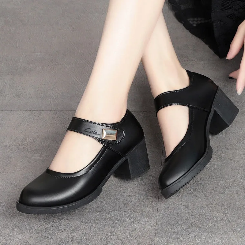 Women\'s Leather Shoes 2024 Autumn Comfortable Casual  Non-slip Soft Sole Wedge Mother Shoes Black Breathable Mid-heel Work Shoes