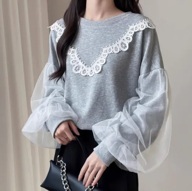 

Chic women beige pullovers woman grey sweatshirts sweet lace tops