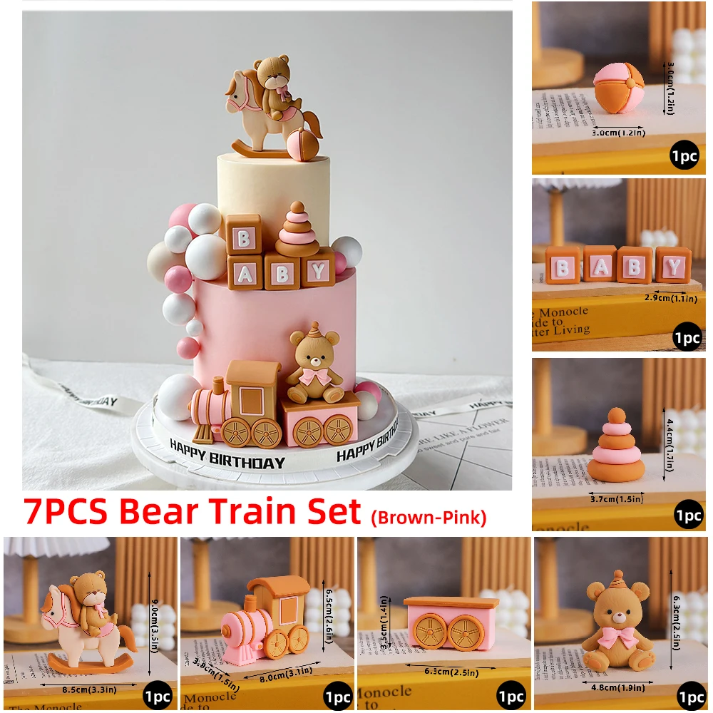 Blauer Zug Kuchen Topper Bär Kuchen Top Kutsche Wasserballons Regenbogen Turm Kuchen Dekorationen Junge Mädchen Babyparty Partyzubehör – Detail 3