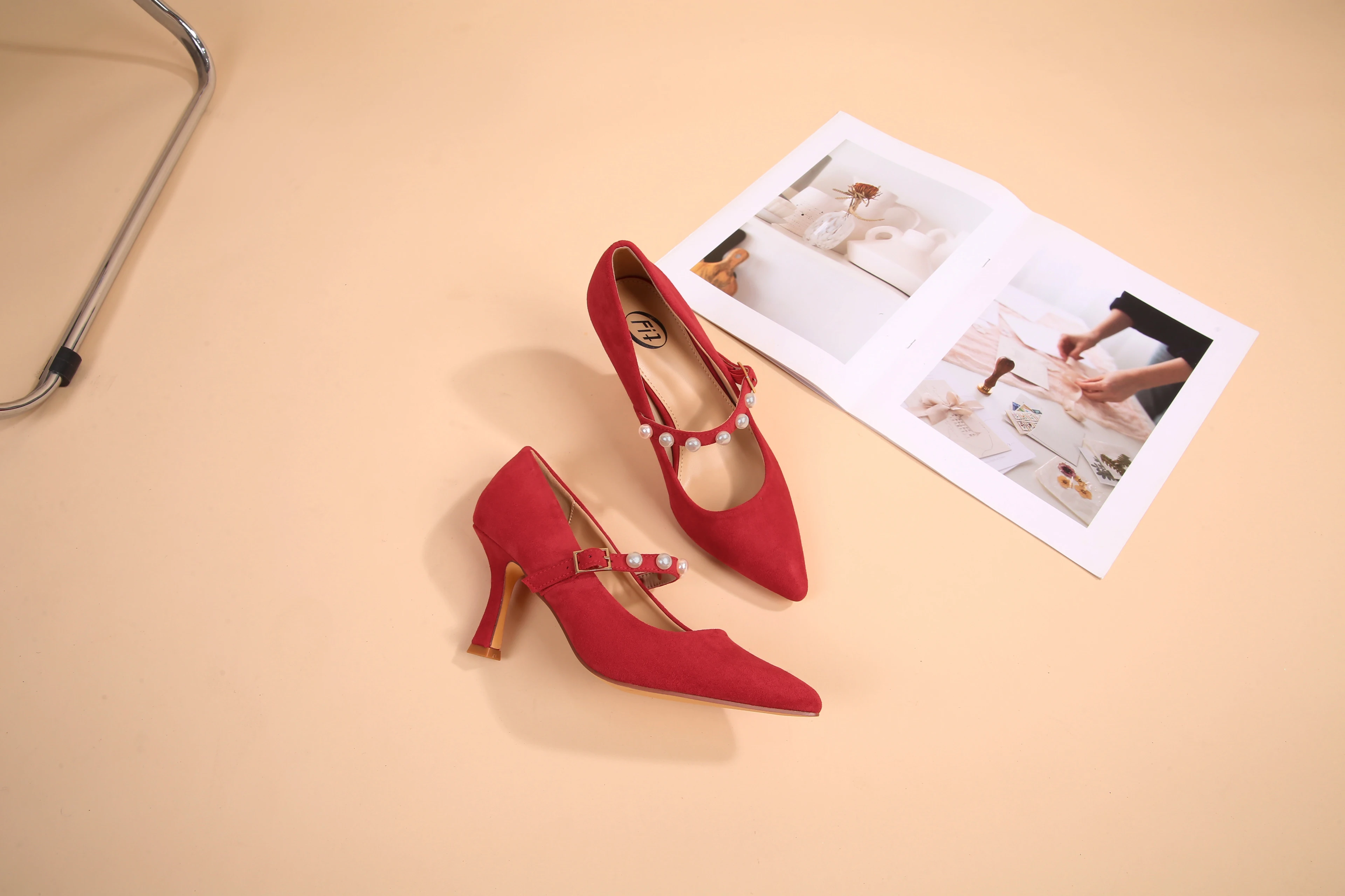 Women Red Suede Mary Jane Pumps Pointed Toe Pearl Strap Stiletto High Heels Elegant Bridal Wedding Shoes Party Dress Footwear