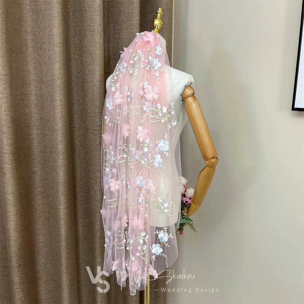 VK SKAIKRU ثلاثية الأبعاد نسيج الدانتيل الأزهار حجاب الزفاف للعروس طبقة واحدة حجاب الزفاف الإصبع مع مشط قطع حافة حجاب الزفاف قصيرة