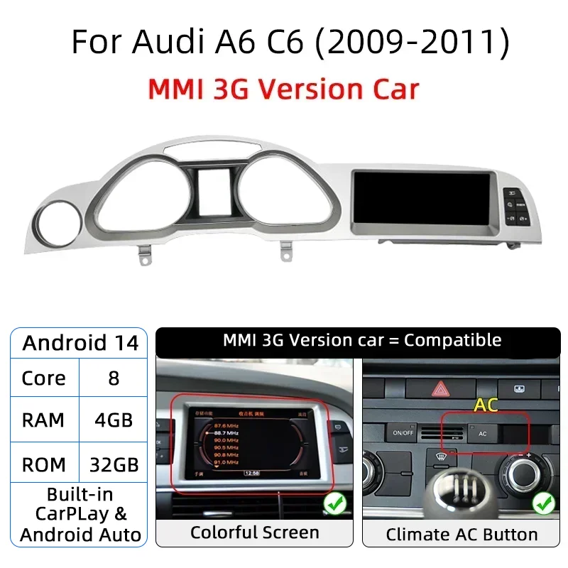 Android 14 Auto Radio CarPlay Für Audi A6 C6 4f 2005 2006 2007 2008-2011 MMI 2G 3G Auto Multimedia Bildschirm Navi mit Hinten Kamera
