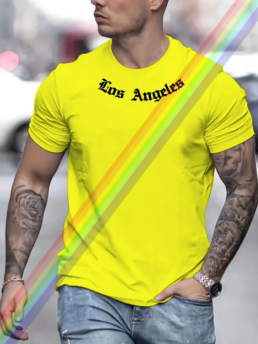 Men\'s 100% cotton summer neckline Los Angeles Graphic printed slim fit casual sports round neck short sleeved T-shirt top