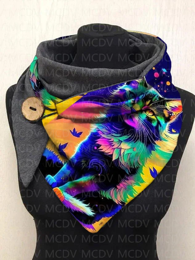 MCDV Wolf Cat 3D Printed Warm Fleece Casual Scarf And Shawl for Women Warm and comfortable Scarf