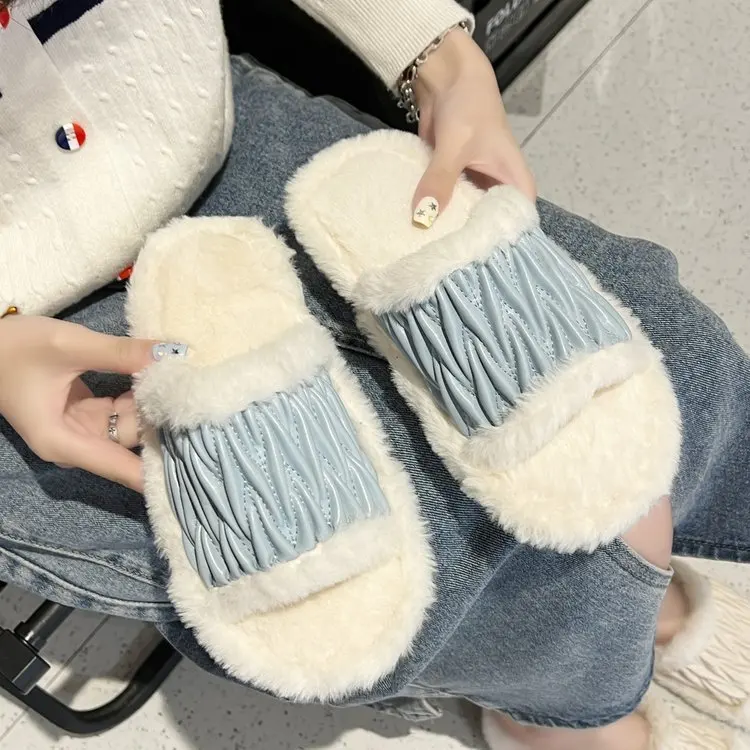 

Casual Fluffy Slippers Women House Flats Fashion Popular Designer Shoes Girls Home Winter Trend Elegant Footwear Ladies Indoor