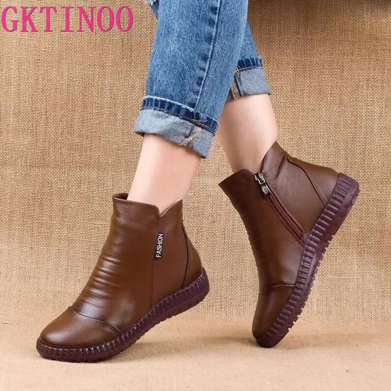 GKTINOO 2024 Winter Genuine Leather Ankle Boots Handmade Lady Soft Flat Shoes Comfortable Casual Moccasins Side Zip Ankle Boots