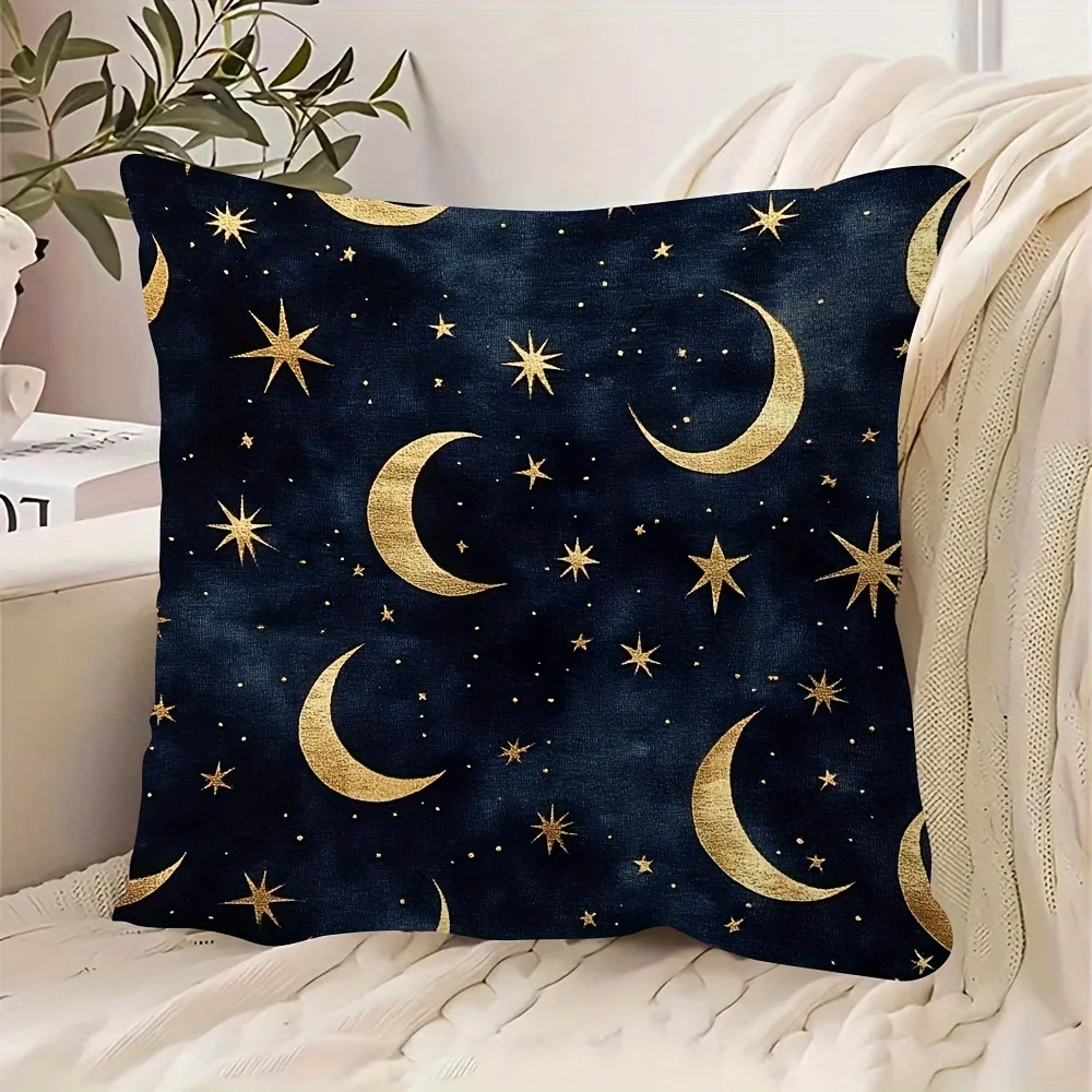 Midnight Blue Crescent and Star Double-Sided Decorative Pillowcase, Golden Galaxy Pattern Cushion Cover for Sofa Bedroom