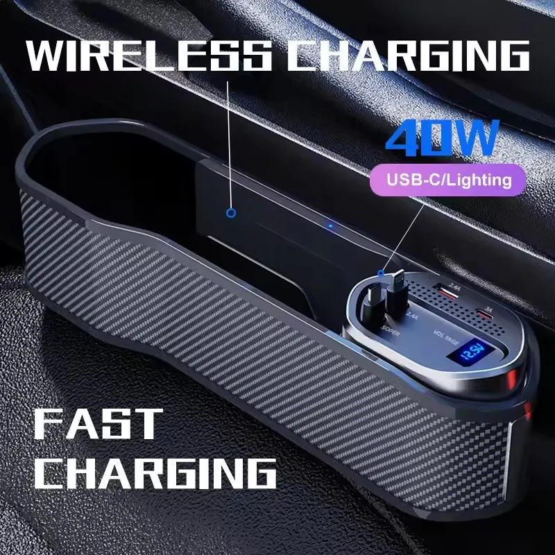 Suprimentos para Carro: Organizador de Espaço entre Assentos com Carregamento Sem Fio e Cabo de Carregamento Rápido USB-C/Lightning de 40W, Caixa de Armazenamento para Console Central