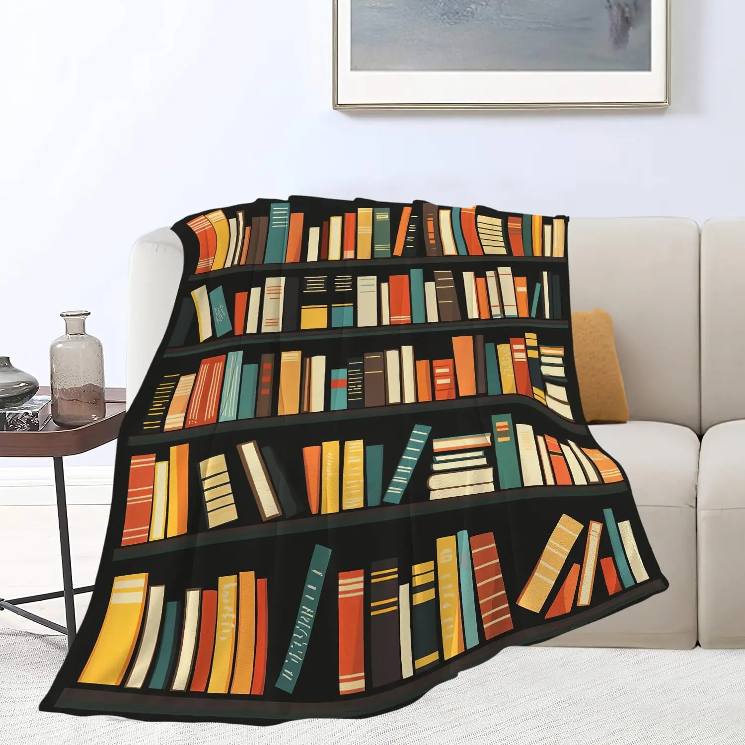 Black Background Colorful Bookshelf Book Print Flannel Throw Blanket Soft Warm Cover for Sofa Bed Book Lover Study Bedroom Decor