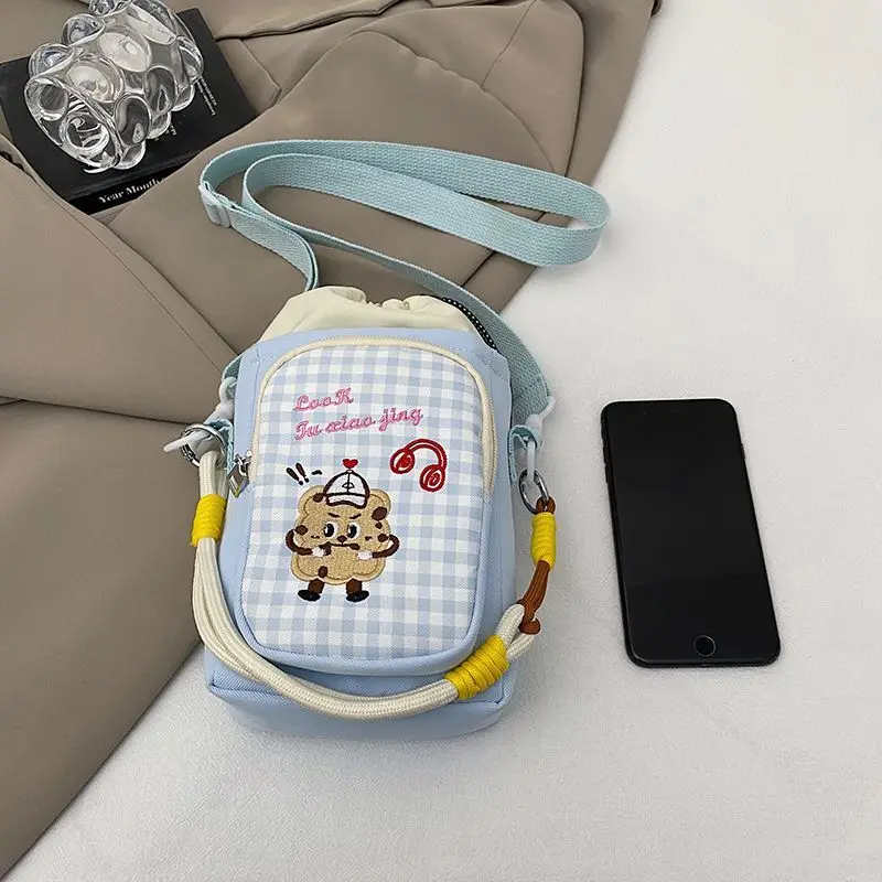 Black Purple Yellow Blue Cute cookie Cartoon Gingham Plaid Gingham Crossbody Phone Drawstring Small Sling Shoulder Bag for Girls