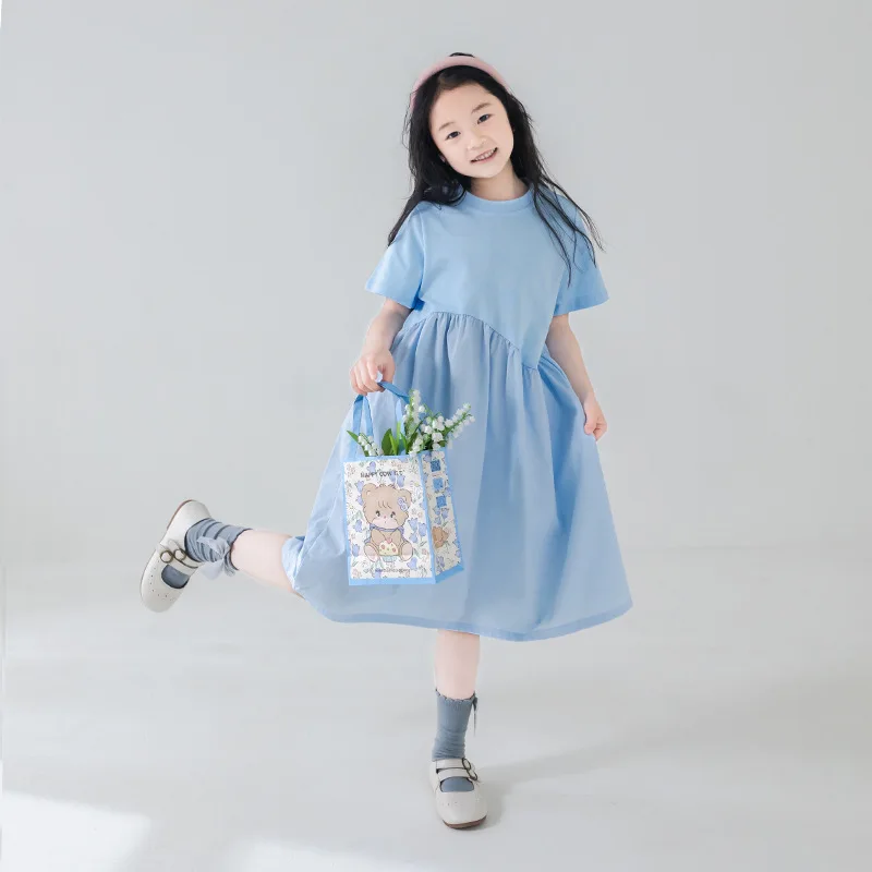 

Solid Color A-line Dress Blue Knitted Patchwork Dress Summer Dress For Kids 6 To 14 Years Cotton Princess Dresses