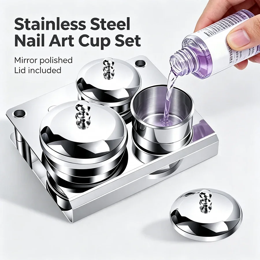3Pcs Stainless Steel Nail Art Cup Set, Acrylic Liquid Container with Lids, Nail Tools Cleanser Disinfection Holder