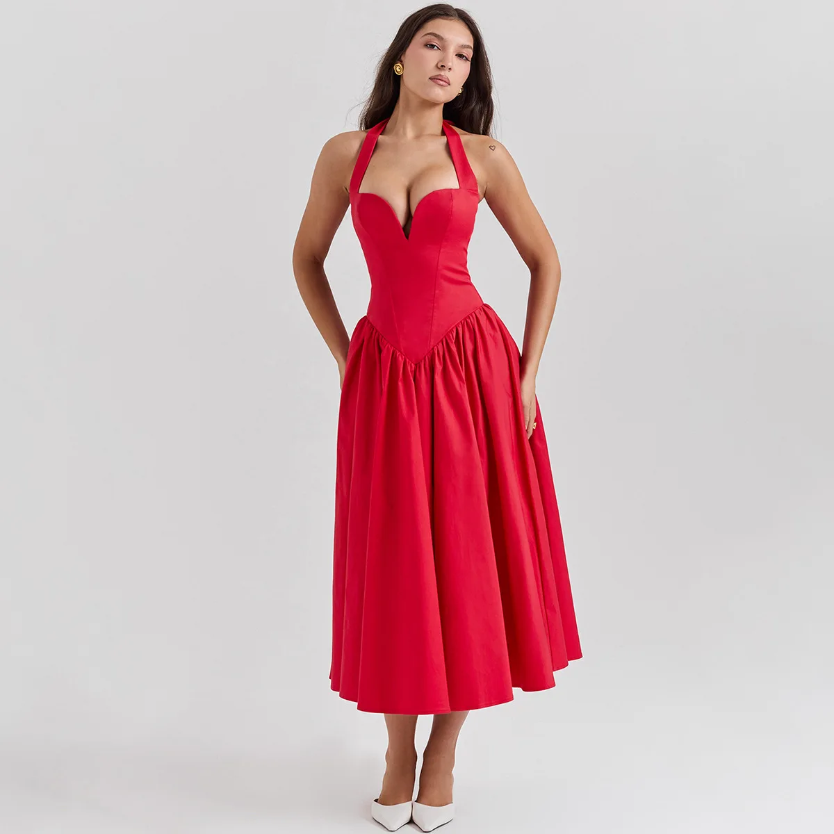 Oligai Summer Women Halter Dress 2024 Red Elegant Fit and Flare Birthday Dress Long Casual Sexy Dress Female Clothing