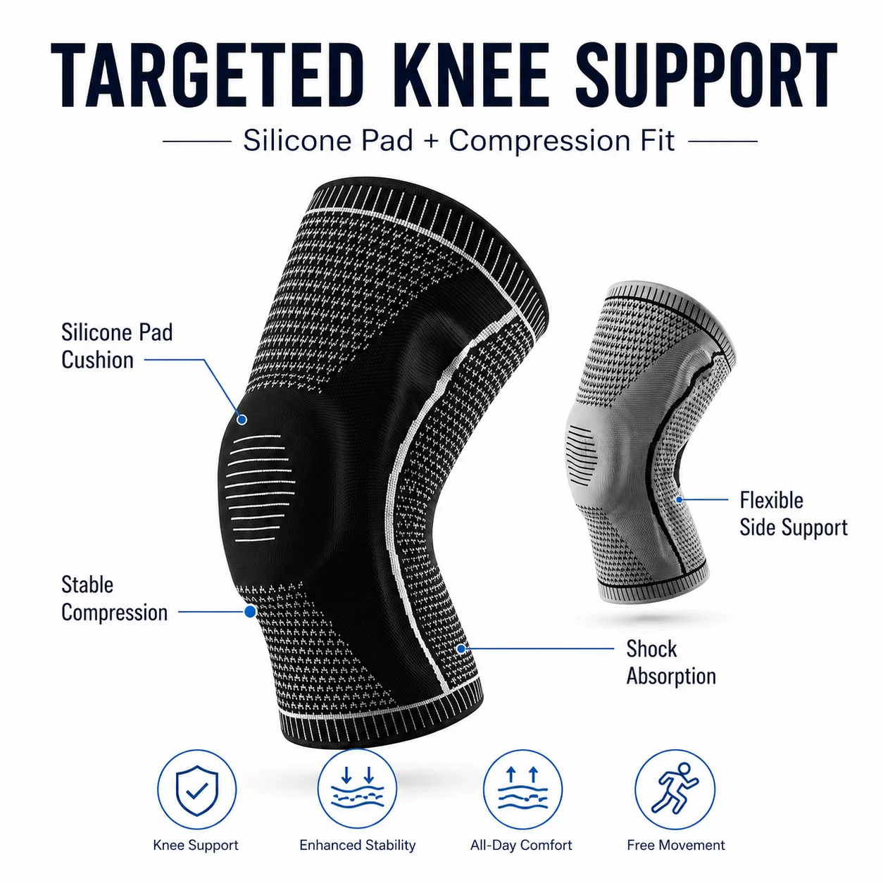 Knee Support Sleeve Compression Knee Brace with Silicone Pad Breathable Knit Patella Stabilizer for Running Basketball Gym Sport
