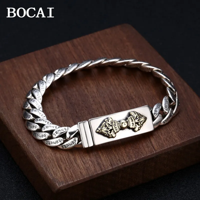 BOCAI NEW S925 terling Silver Vintage Fashionable Personalized Ethnic Style Diamond Pestle Cuban Bracelet Men Gift