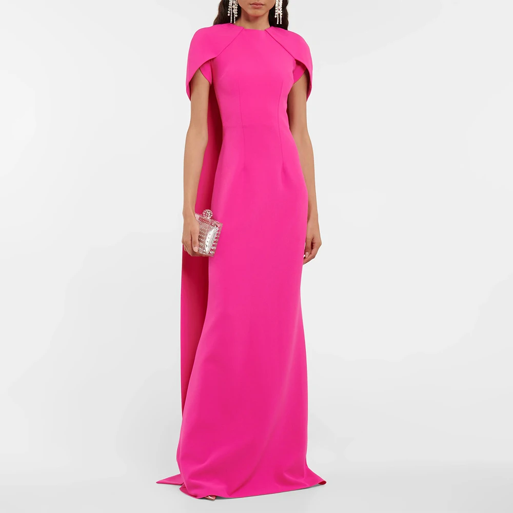 

Hot Pink Formal Evening Dresses Mermaid/Trumpet O Neck Elegant Wedding Guest Gowns Long Criss-Cross Watteau Train Prom Dress