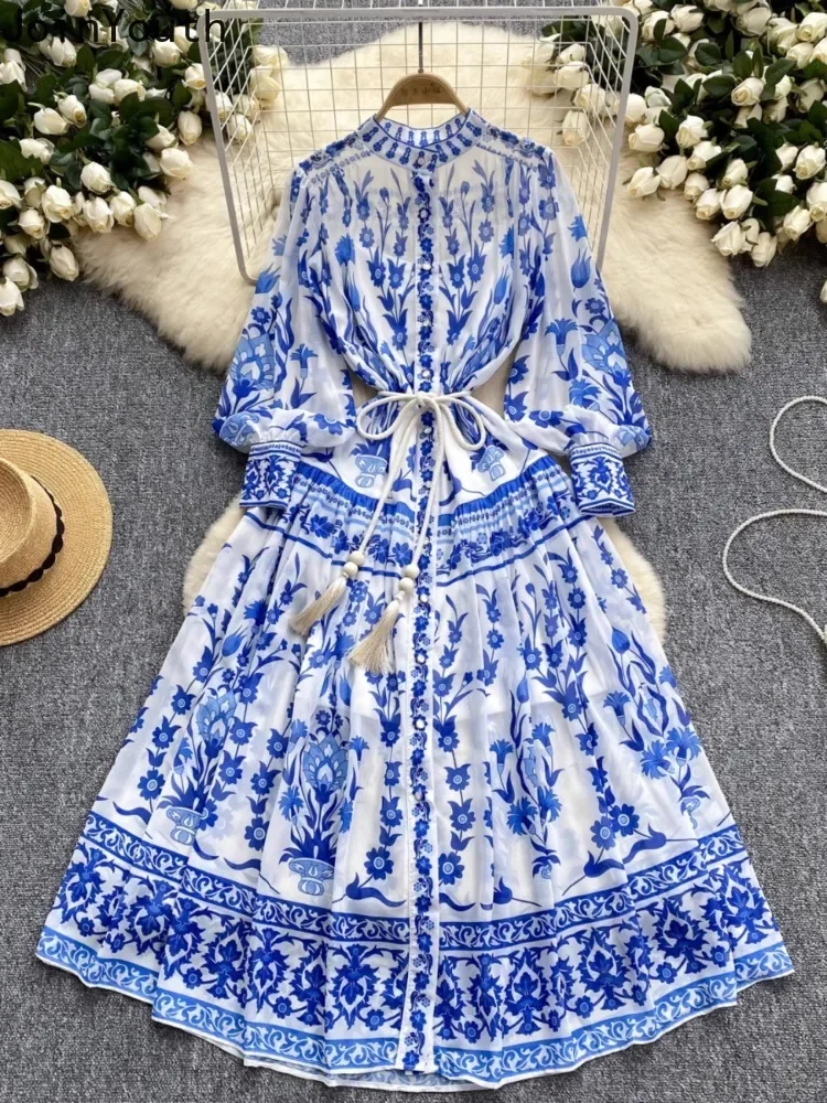 O-neck Lantern Sleeve Woman Dress 2024 Vestidos De Mujer Single Breasted Floral Big Swing Maxi Dresses Korean Summer Robe Femme