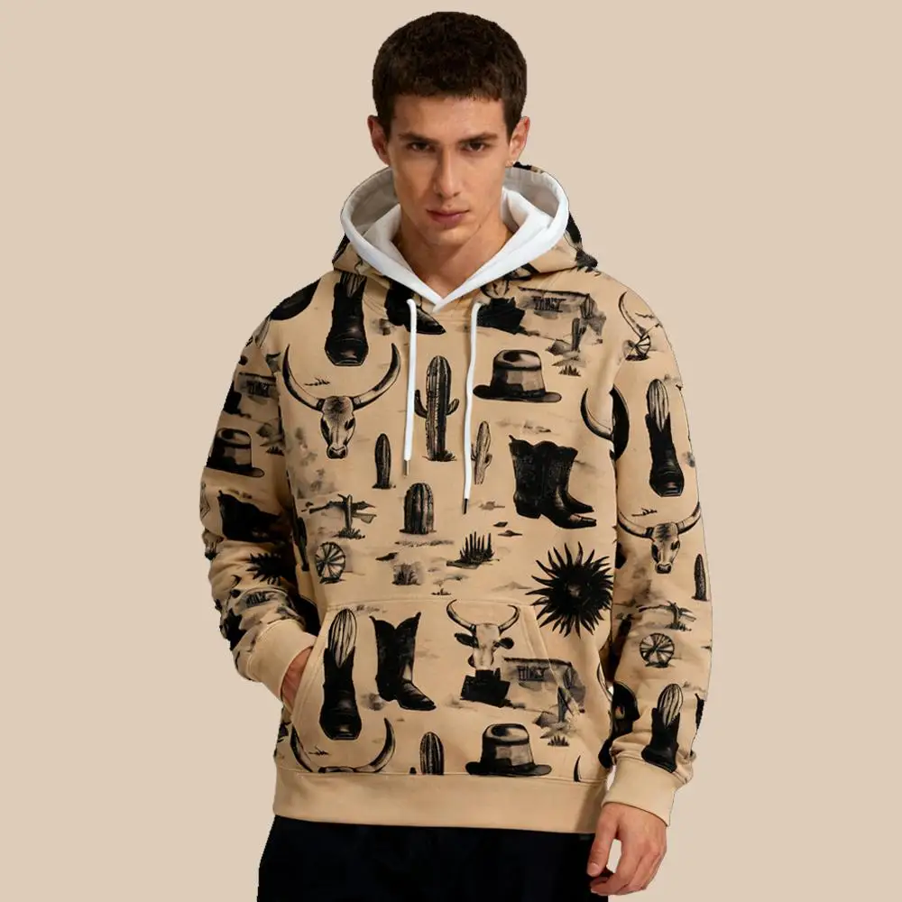 

Autumn And Winter New Western Cowboy Print Hoodie Fashion Retro Style Pullover Men's Street Style Casual Comfortable Sweatshirt