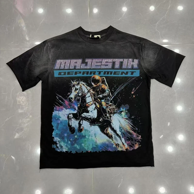 Men Retro American Casual Short Sleeved Tops Riding Earth Pattern Logo Hot Stamping Print Majestik T-shirts