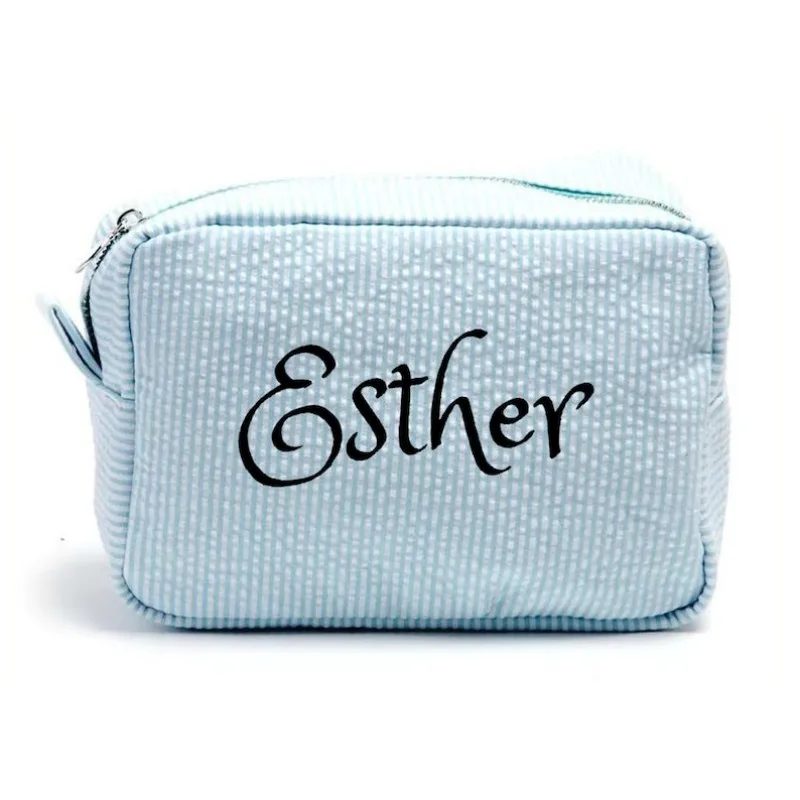 Personalized Bridesmaid Seersucker Toiletry Makeup Bag Cosmetic Proposal Bachelorette Party Gift Wedding Holiday Pouch Brush Bag