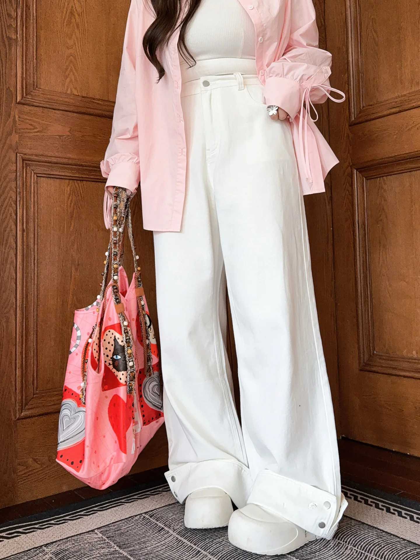 

Хлопковые джинсы с высокой талией и широкими штанинами белого цвета, женская одежда больших размеров Miss ng, кислородный дизайн Sensation